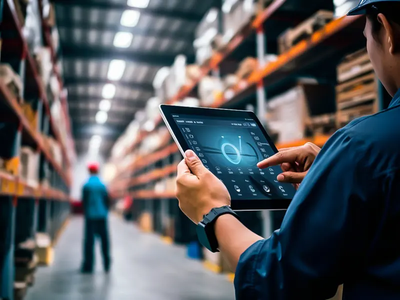 Warehouse employee managing logistics on a tablet